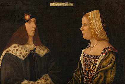 一男一女的双画像`Double Portrait of a Young Man and Young Woman (ca. 1520) by Giovanni Paolo d; Agostino