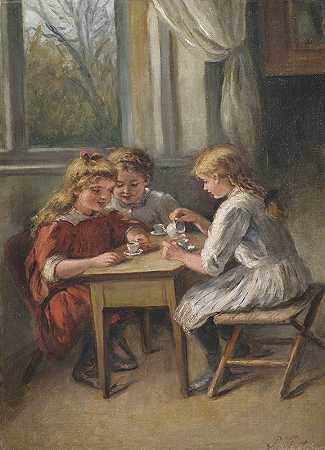 卡夫卡拉奇。三个女孩在给孩子们喝咖啡`Kaffeeklatsch. Drei Mädchen beim Kinderkaffee by Pietronella Peters