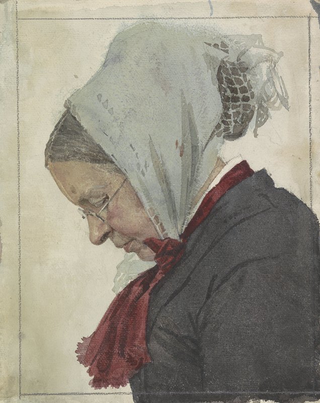 戴头巾和红围巾的老妇人`Oude vrouw met hoofddoek en rode sjaal (1874 ~ 1925) by Jan Veth