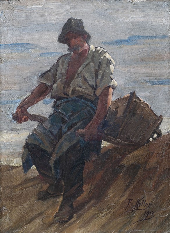独轮车碎石机`Steinbrecher mit Schubkarre (1913) by Friedrich von Keller