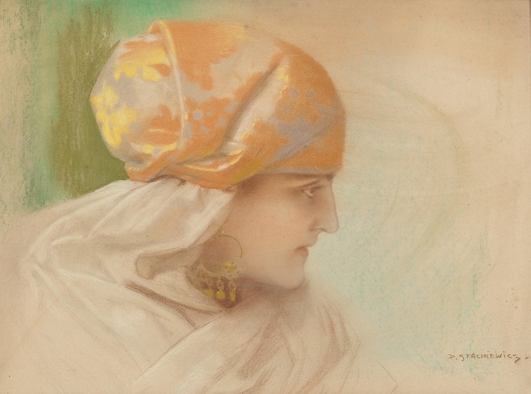 一个戴耳环的女人的肖像`Portrait of a woman with earrings by Piotr Stachiewicz