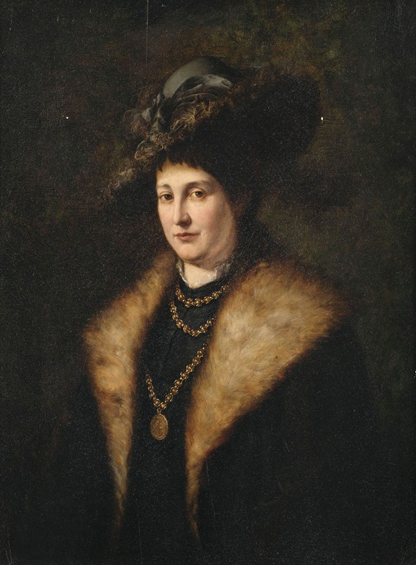 一位身穿深色连衣裙、皮毛镶边外套的女士的肖像`Bildnis einer Dame in dunklem Kleid mit pelzbesetztem Mantel (1878) by Julius Victor Carstens