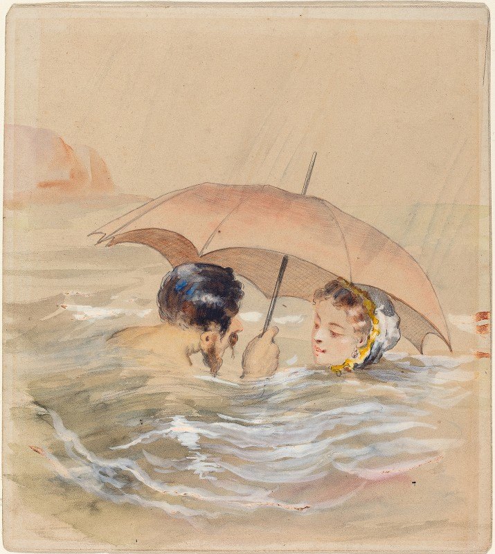 带伞的男女游泳者`Male and Female Bathers with Umbrella by Alfred Grévin