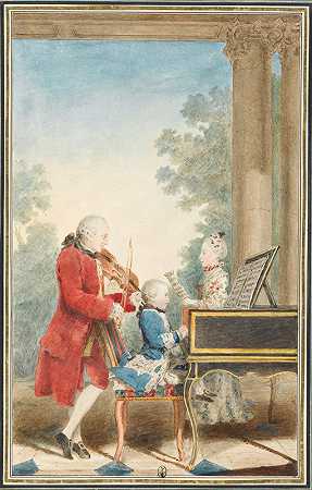 沃尔夫冈·阿马迪斯·莫扎特（Wolfgang Amadeus Mozart，1756年-维也纳，1791年）与父亲让·乔治·利奥波德（Jean-Georg Leopold）和妹妹玛丽亚·安娜（Maria Anna）在巴黎玩耍的肖像`Portrait de Wolfgang Amadeus Mozart (Salzbourg, 1756~Vienne, 1791) jouant à Paris avec son père Jean~Georg~Léopold et sa sœur Maria~Anna (1763) by Louis Carrogis Carmontelle