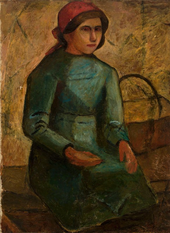 穿绿色连衣裙带篮子的女孩`Dziewczyna w zielonej sukni z koszykiem (1914) by Tadeusz Makowski