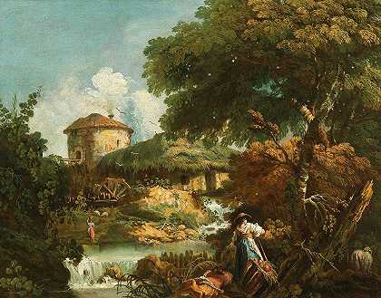 有人物的河流景观，远处的水车`A river landscape with figures, a watermill beyond by Antonio Diziani
