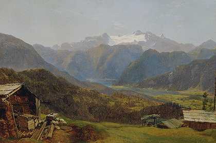 从赫特内卡姆到哈尔斯塔特湖和达克斯坦的风景`Blick von der Hütteneckalm auf den Hallstätter See und den Dachstein (1830~1835) by Friedrich Loos