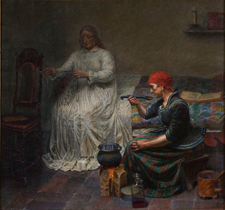 布莱塔恩的莱昂诺拉·克里斯蒂娜。那个女人正在煮粥`Leonora Christina in Blaataarn. The woman is cooking porridge (1896) by Kristian Zahrtmann