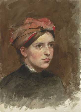 一位戴着红色头巾的年轻女子的肖像`Portret van een jonge vrouw met een rode hoofddoek (1861 ~ 1918) by Thérèse Schwartze