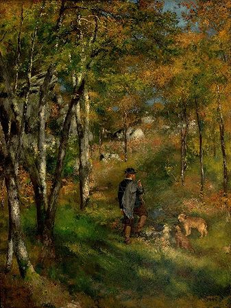 朱尔斯·勒科厄和他的狗在枫丹白露森林里`Jules Le Coeur and his dogs in the forest of Fontainebleau (1866) by Pierre-Auguste Renoir