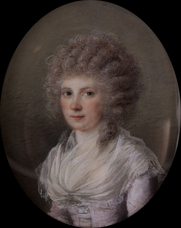 肖像戴着卷发的年轻女子`Portrait dune jeune femme en perruque bouclée (1789) by François Ferrière