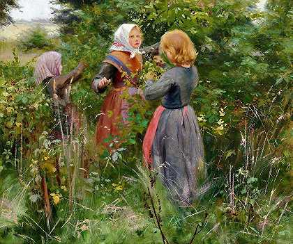 三个采摘黑莓的小女孩（ca1885）`Tre småpiger plukker brombær (ca1885) by Hans Andersen Brendekilde