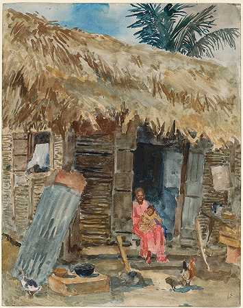 特立尼达的小屋`Hut in Trinidad (c. 1917) by George Overbury Hart