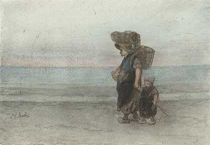 带着孩子在海滩上散步的女人`Vrouw met kind, lopend over het strand (1834 ~ 1911) by Jozef Israëls
