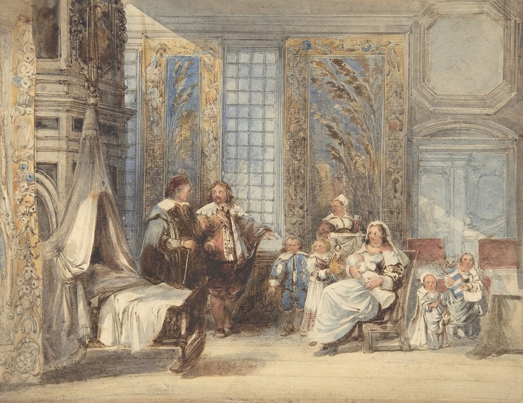 17世纪室内的家庭和客人场景`Scene with Family and Guest in Seventeenth~century Interior (1825–78) by Joseph Nash