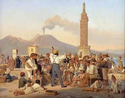 朗诵者奥兰多·弗里奥索那不勒斯莫洛`A Reciter of Orlando Furioso at the Molo, Naples (1839) by Constantin Hansen