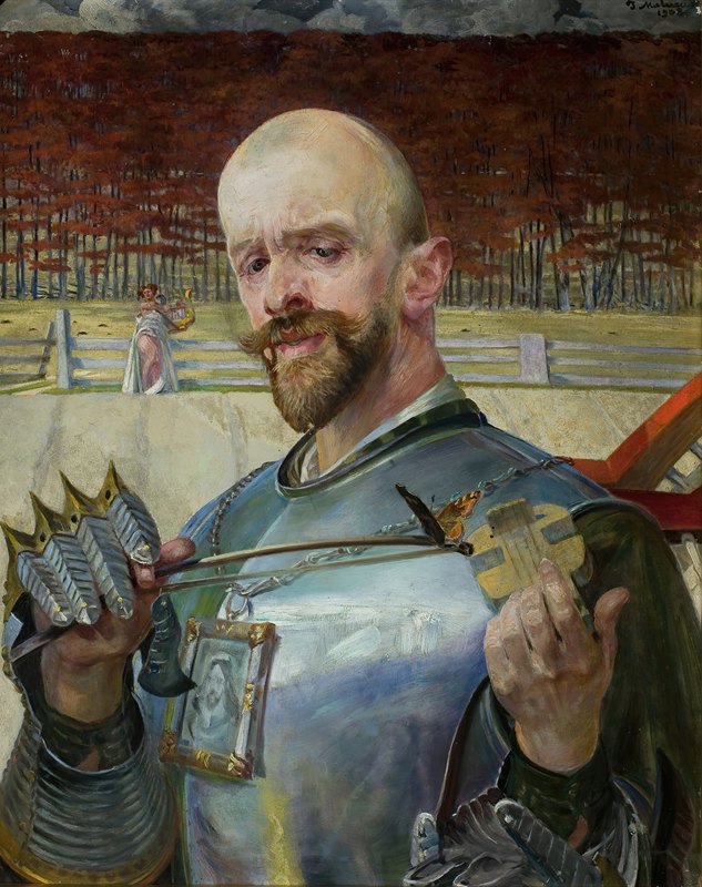 带小提琴的盔甲自画像`Self~portrait in armour with fiddles (1908) by Jacek Malczewski