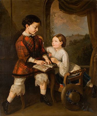 儿童学习`Children Learning (1861) by Saturnin Świerzyński