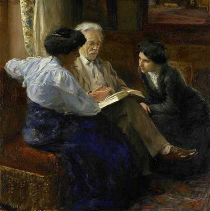 阿尔方斯·玛丽·安托万·约瑟夫·格兰蒙特（1837-1909），艺术家她第二任丈夫，教两个意大利女孩`Alphons Marie Antoine Joseph Grandmont (1837~1909), the Artists second husband, Tutoring two Italian Girls (1900 ~ 1909) by Bramine Hubrecht