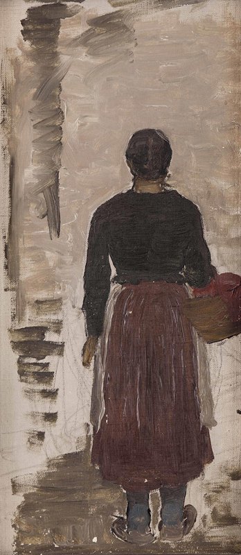 一个拿着篮子的女人的后景观`Rückenansicht einer Frau mit Korb by Joseph Wopfner