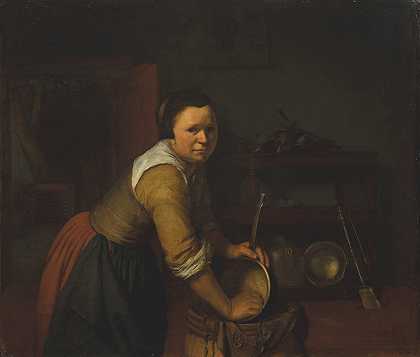 厨房里洗盘子的女佣`A maid washing pans in a kitchen by Heyman Dullaert
