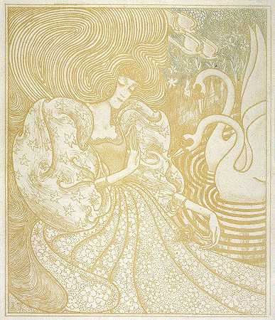 带着蝴蝶的女人和两只天鹅在池塘边`Vrouw met vlinder bij een vijver met twee zwanen (1894) by Jan Toorop