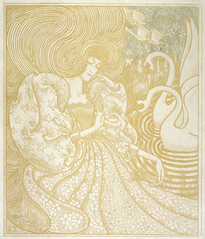 带着蝴蝶的女人和两只天鹅在池塘边`Vrouw met vlinder bij een vijver met twee zwanen (1894) by Jan Toorop