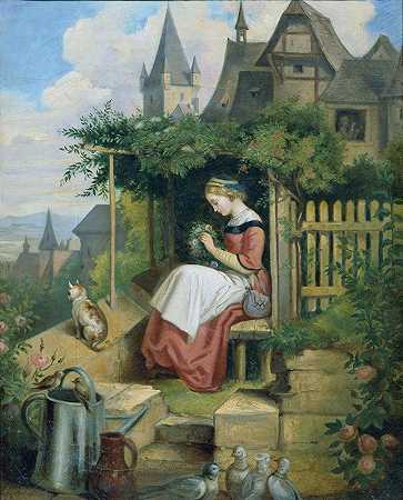 花园里的女孩`Mädchen im Hausgarten by Joseph Hasslwander
