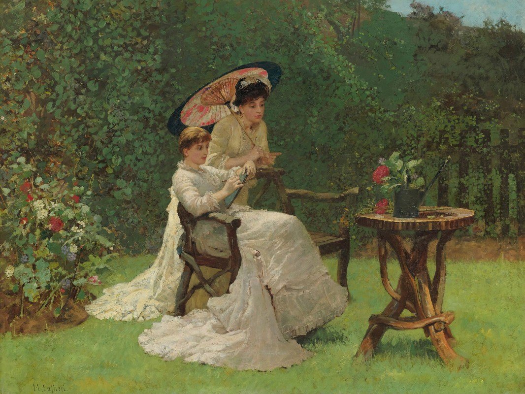 花园里的两个女人`Two Women In A Garden by Hector Caffieri
