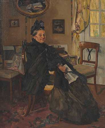 在候诊室（坐着的老妇人）`Im Wartezimmer (Sitzende alte Frau) (1912) by Otto Bruenauer