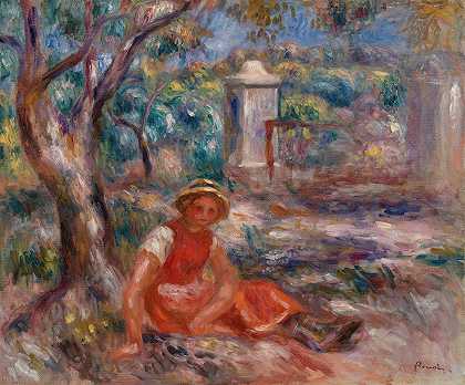 树下的女孩`Girl at the Foot of a Tree (Fillette au pied dun arbre) (c. 1914) by Pierre-Auguste Renoir