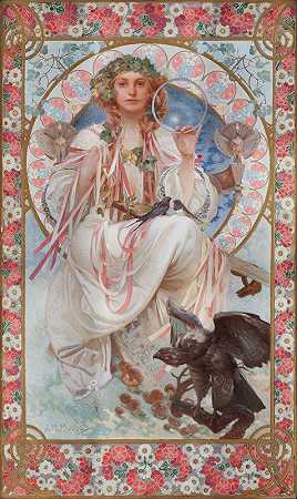约瑟芬·克雷恩·布拉德利饰演斯拉夫人的肖像`Portrait Of Josephine Crane~Bradley As Slavia (1908) by Alphonse Mucha