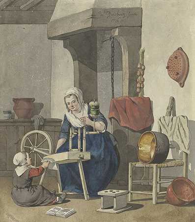 和一个带着孩子的纺纱女人在一起`Interieur met een spinnende vrouw met een kind (1796) by W. Barthautz