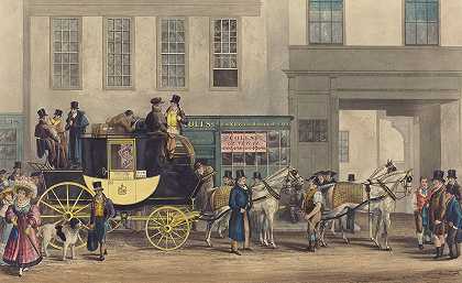 布伦海姆号，离开牛津星级`The Blenheim, Leaving The Star Hotel, Oxford (probably c. 1831) by Frederick James Havell