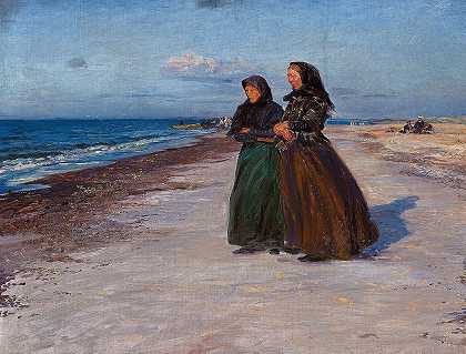 北日德兰岛，两位渔妇在刮风的海滩上钓鱼`To fiskerkoner ved stranden i blæsevejr, Nordjylland (1913) by Knud Larsen Bergslien