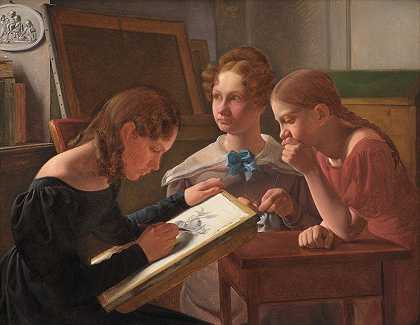 三个年轻女孩。艺术家母亲的姐妹阿尔维德、艾达和亨丽特`Three Young Girls. The Artists Sisters; Alvilde, Ida and Henriette (1827) by Constantin Hansen