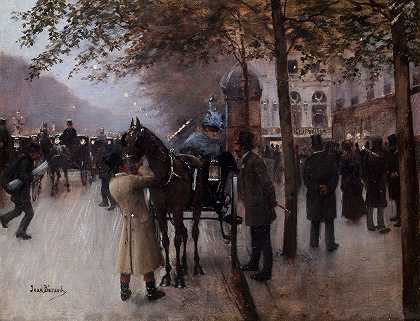 晚上，在那不勒斯咖啡馆前面的卡普辛大道上`Le boulevard des Capucines, le soir, devant le Café Napolitain (1880) by Jean Béraud