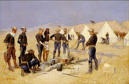 在骑兵营地烤圣诞牛肉`Roasting the Christmas Beef in a Cavalry Camp (ca. 1892) by Frederic Remington