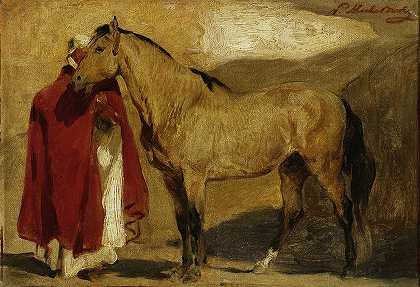 一个骑着马的摩洛哥男人`Moroccan man with a horse by Piotr Michałowski