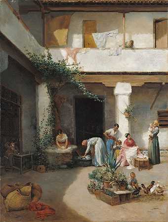 在院子里洗衣服`Washing in the Courtyard (1877) by Manuel Ussel de Guimbarda