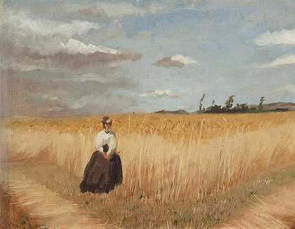 麦田里的女人`Woman in wheat field (ca. 1897 ~ ca. 1910) by Luis Astete y Concha