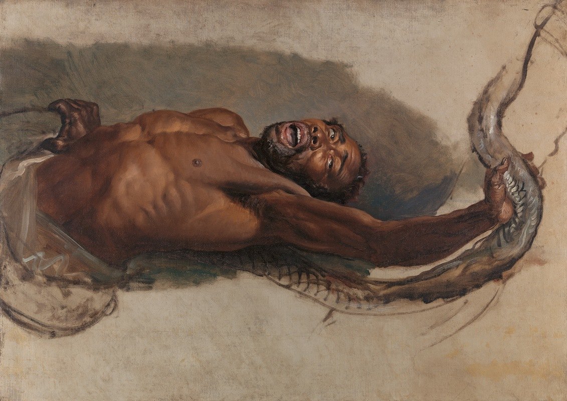 与蟒蛇搏斗的男子，为&#039学习利波亚蛇抓住了他的猎物#039`Man Struggling with a Boa Constrictor, Study for The Liboya Serpent Seizing His Prey (ca. 1803) by James Ward