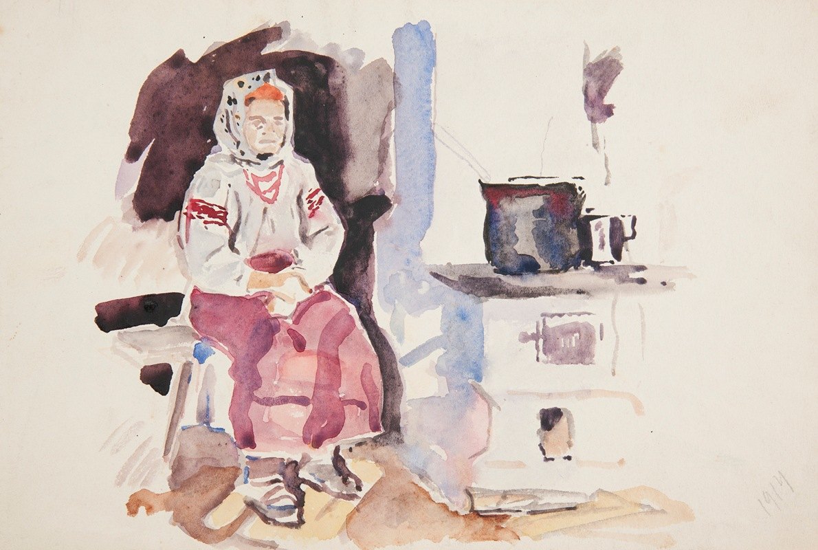 穿着绣花白衬衫和珠子的桃子女孩坐在厨房的炉边`Wieśniaczka w haftowanej białej bluzce i w koralach siedząca w kuchni przy piecu (1914) by Ivan Ivanec