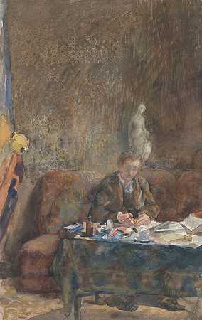 室内，写字的人坐在桌子后面的沙发上`Interieur met schrijvende man op sofa achter tafel (1874 ~ 1918) by Martinus van Andringa
