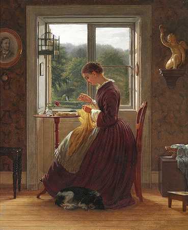 室内，一位女士坐在窗前缝纫，一边读着一封信`Interiør med en kvinde, der sidder og syr foran vinduet, samtidig med at hun læser et brev by Ludvig August Smith