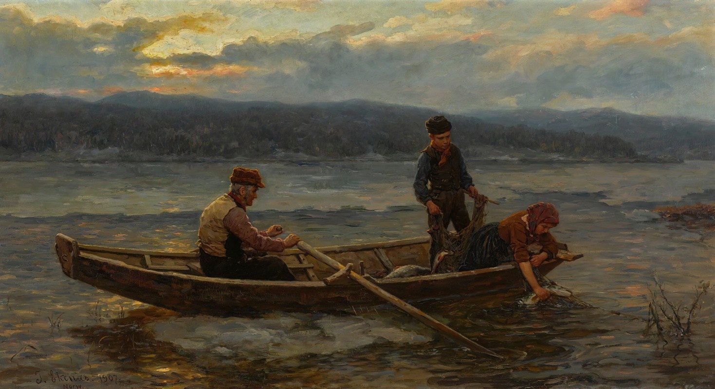 在峡湾钓鱼`Fishing in the fjords (1907) by Jahn Ekenaes
