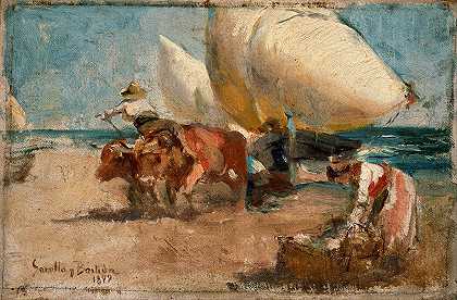 海滩风光`Escena de playa (1899) by Joaquín Sorolla