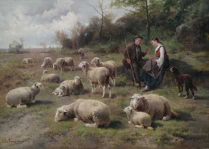 牧民夫妇与牧民在牧场景观`Schäferpaar mit Herde in Weidelandschaft by Cornelis Van Leemputten