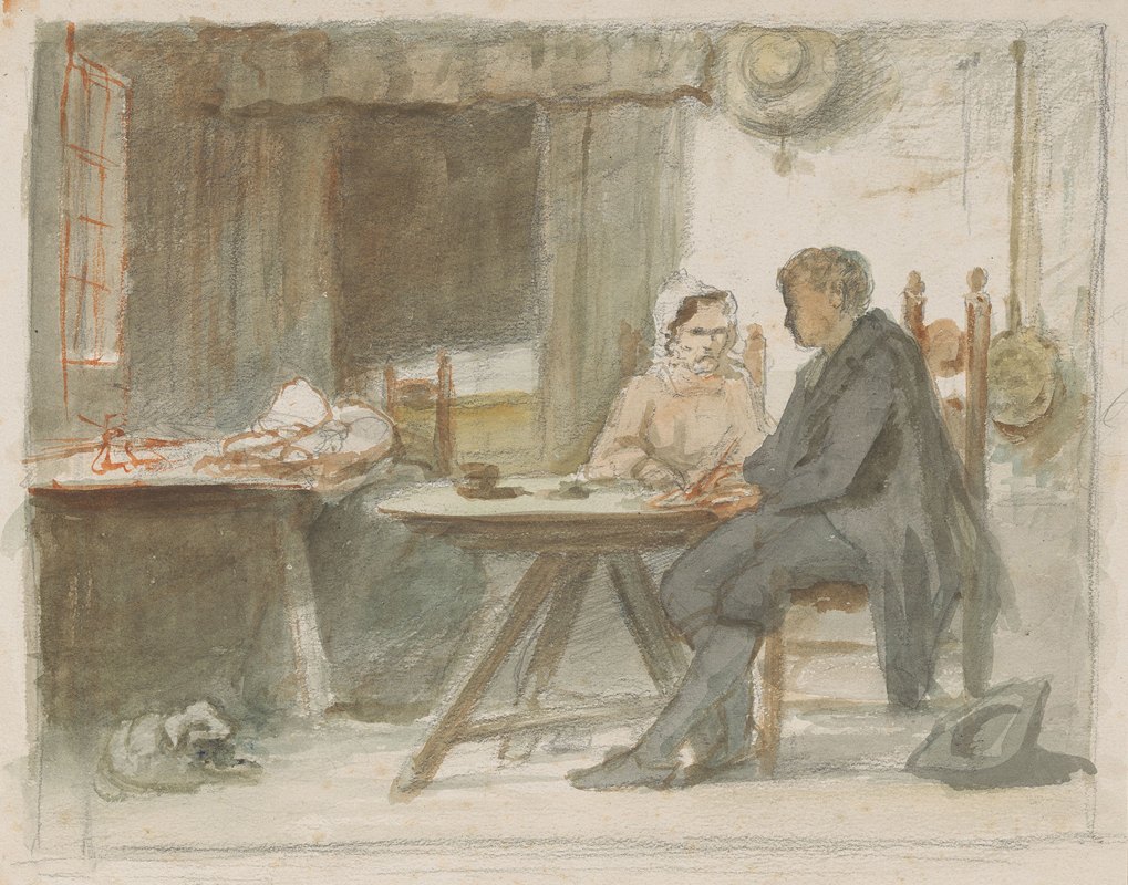 在桌子边写男人和女人`Schrijvende man en een vrouw aan een tafel (1836 ~ 1896) by Hendrik Valkenburg