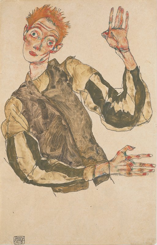 条纹袖子自画像`Self~Portrait with Striped Sleeves (1915) by Egon Schiele